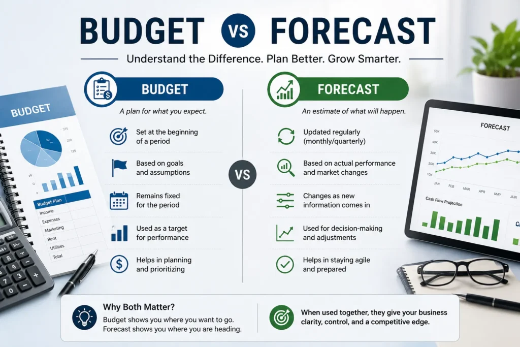 Budget vs forecast infographic explaining the differences between budgeting and forecasting for business financial planning