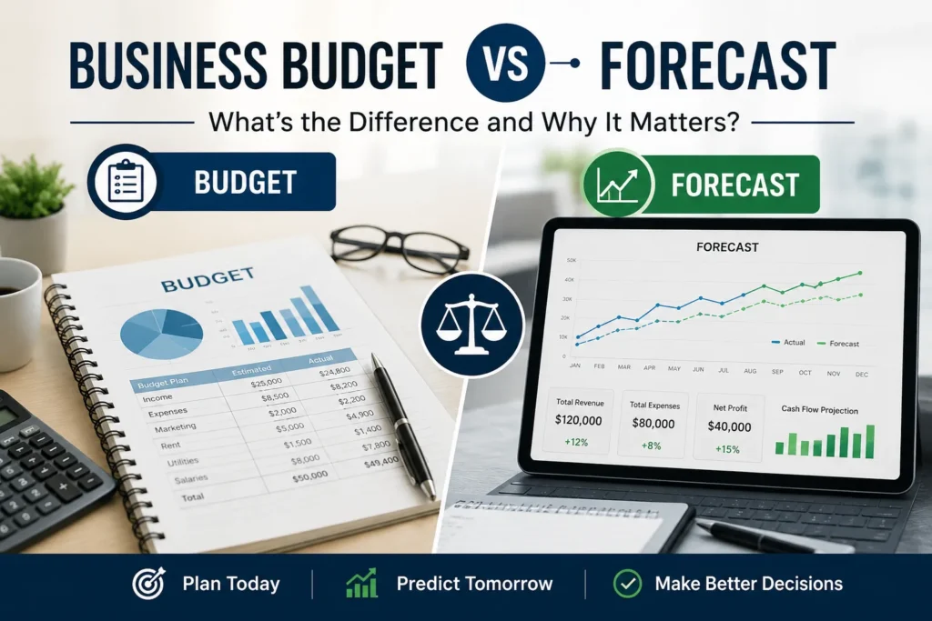 Business budget vs forecast comparison showing financial planning, budgeting, forecasting, and business decision-making strategies