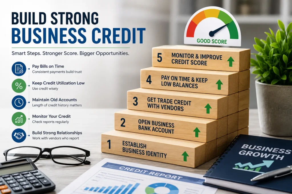 Business credit management process with business credit report analysis, credit monitoring, and financial planning strategies
