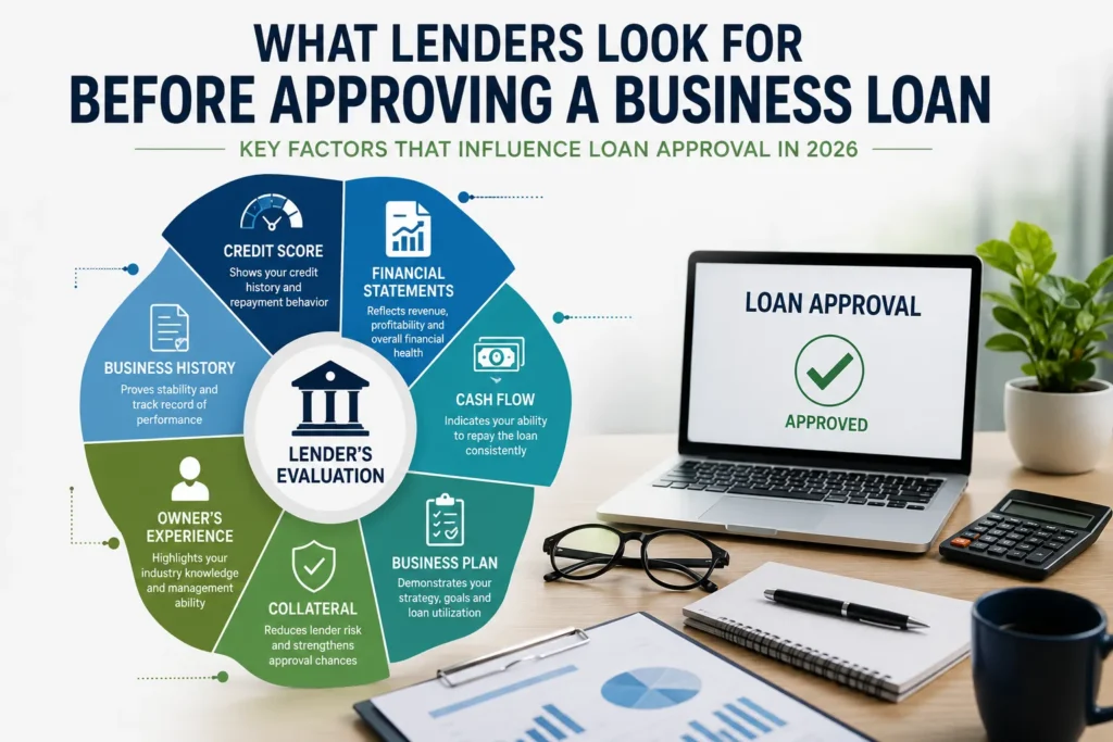 Business loan approval process infographic highlighting lender evaluation, cash flow, financial statements, and business planning