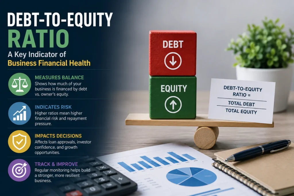 Debt-to-equity ratio example illustrating the relationship between debt, equity, financial risk, and business financial health.