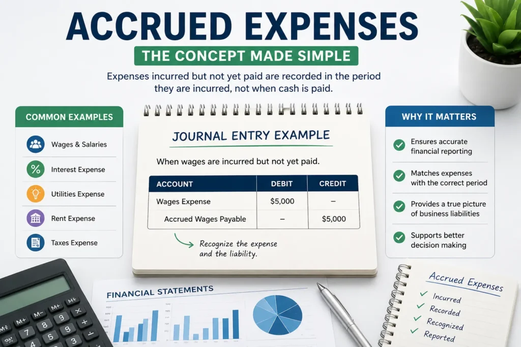 Accrued expenses journal entry example showing expense recognition, accrued liabilities, and adjusting entries in accrual accounting