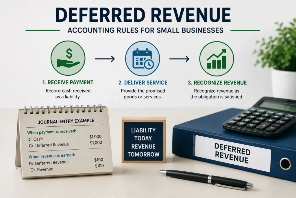Deferred revenue process showing payment received, journal entries, revenue recognition, and ASC 606 accounting workflow