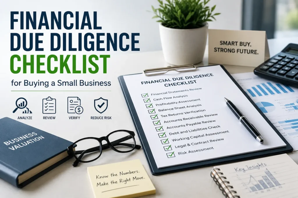 Financial due diligence checklist for buying a small business with financial reports, calculator, checklist, and business valuation documents