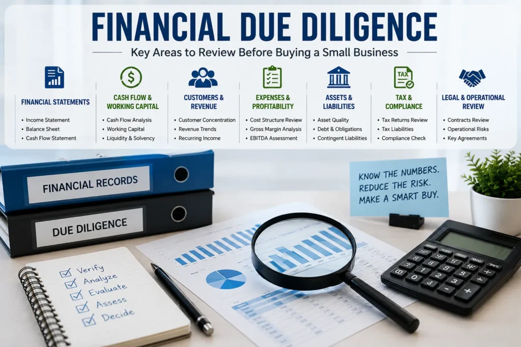 Key areas of financial due diligence for buying a small business, including financial statements, cash flow, working capital, tax compliance, and legal review.