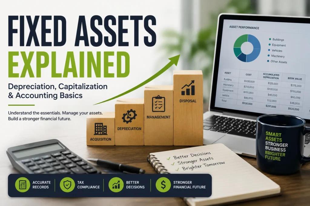 Illustration of fixed asset lifecycle management showing acquisition, depreciation, asset management, and disposal in fixed asset accounting