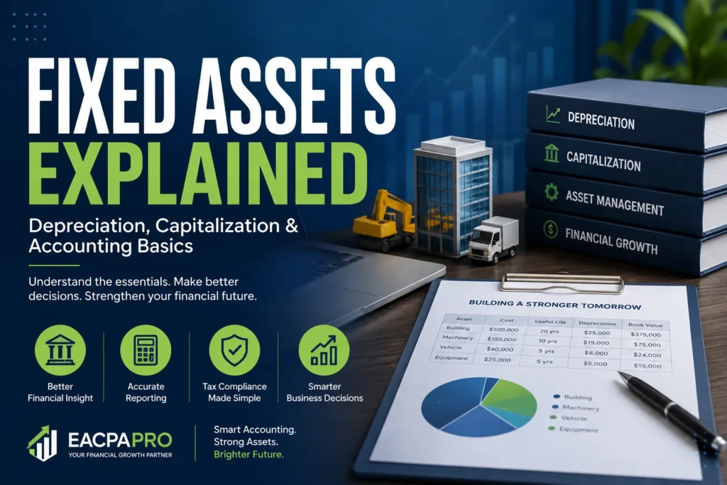 Fixed assets explained with depreciation, capitalization, and fixed asset accounting concepts for business financial reporting and tax compliance.