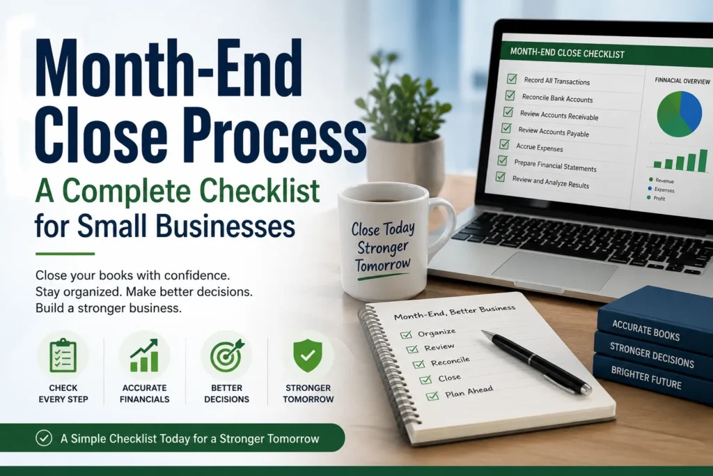 Month-end close checklist for small businesses showing the accounting process, financial reports, and bookkeeping tasks