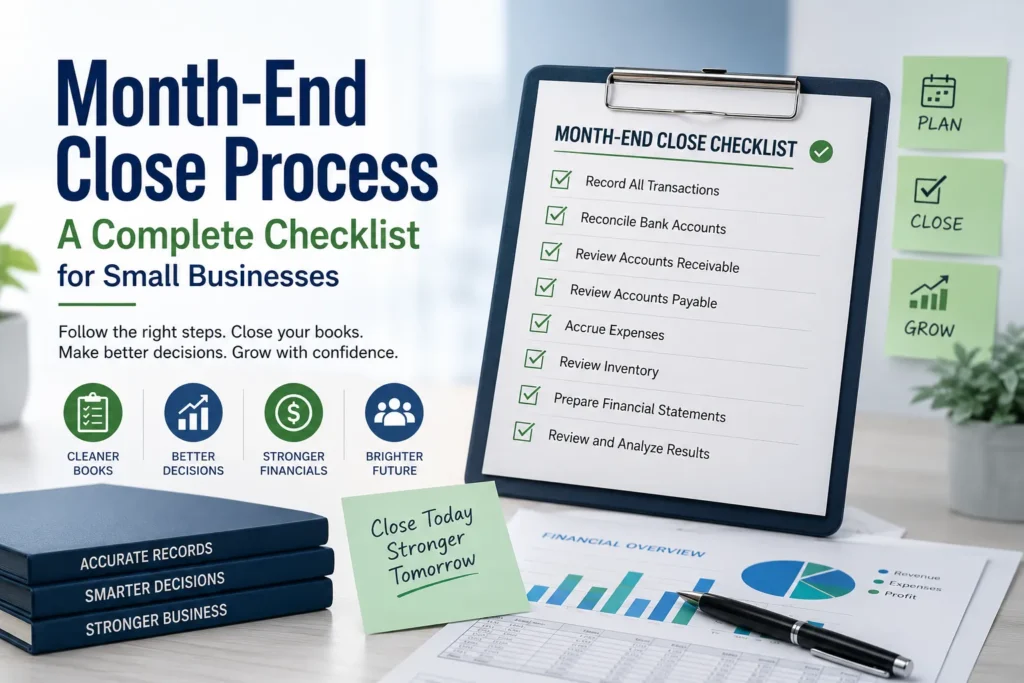 Month-end close process checklist with accounting workflow, financial statements, and bookkeeping steps for small businesses.