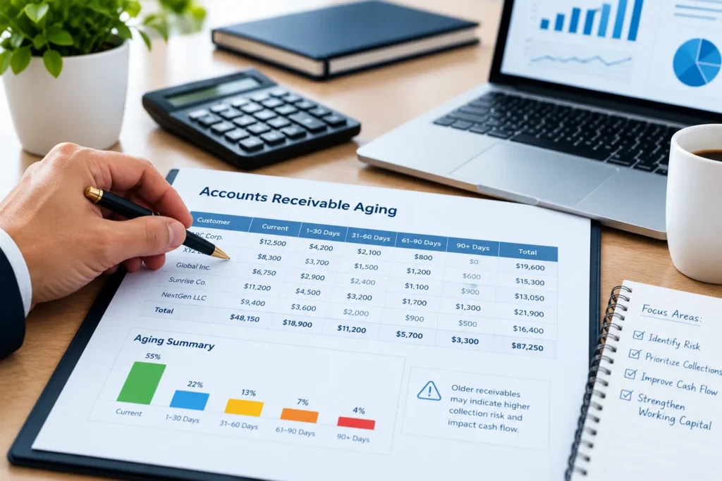 CFO reviewing an accounts receivable aging report
