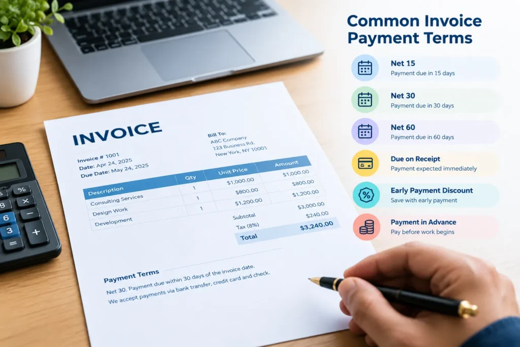 Common invoice payment terms infographic with Net 15, Net 30 and Net 60
