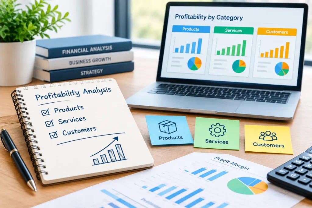 Profitability dashboard comparing products, services, and customers